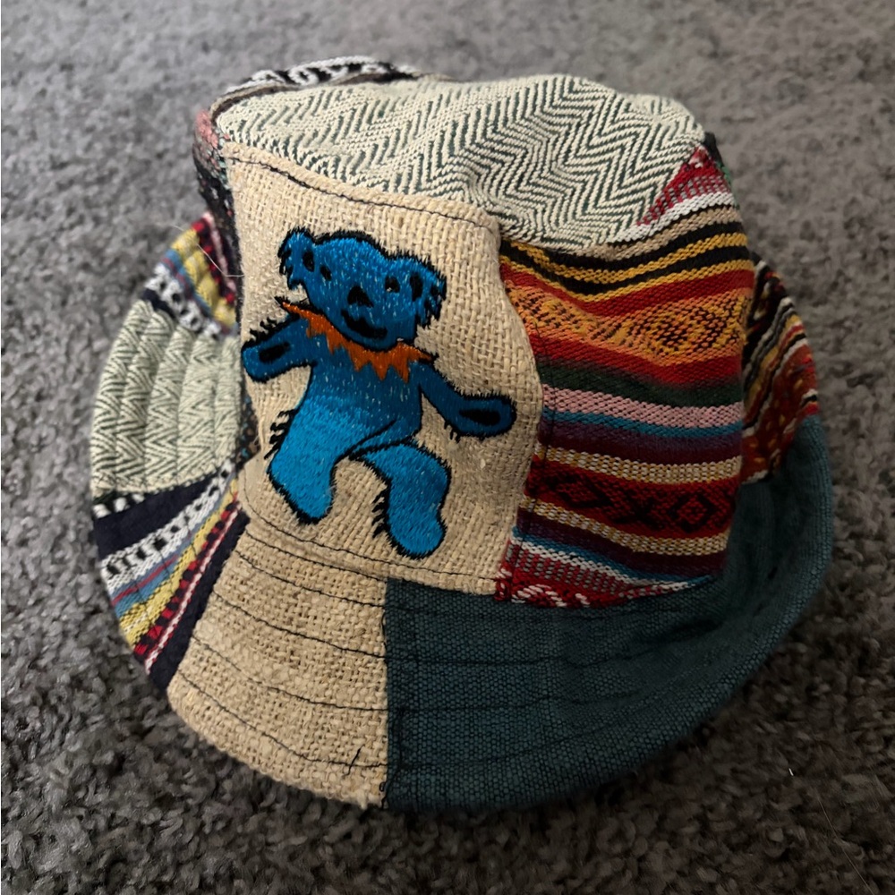Boho Patchwork Bucket Hat with Blue Bear Accent